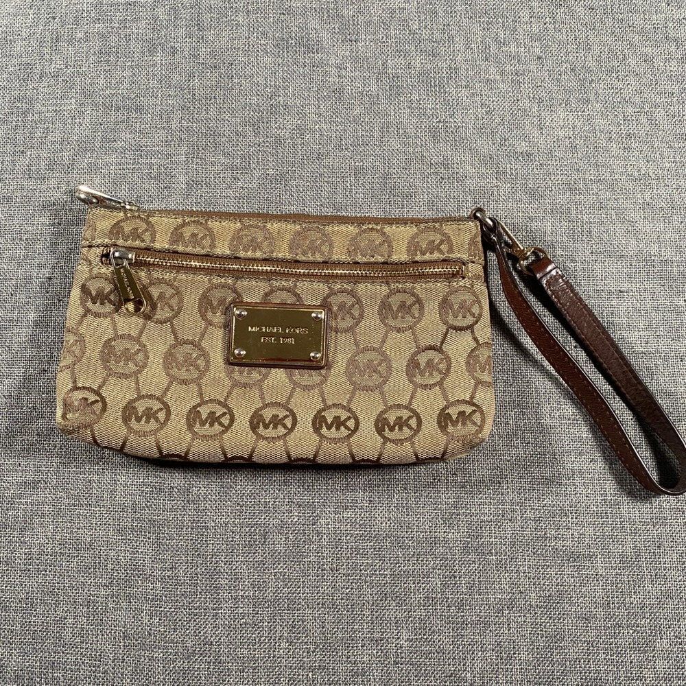 Michael Kors Wristlet Womens Small Brown Monogram Canvas Leather Trim Logo‎